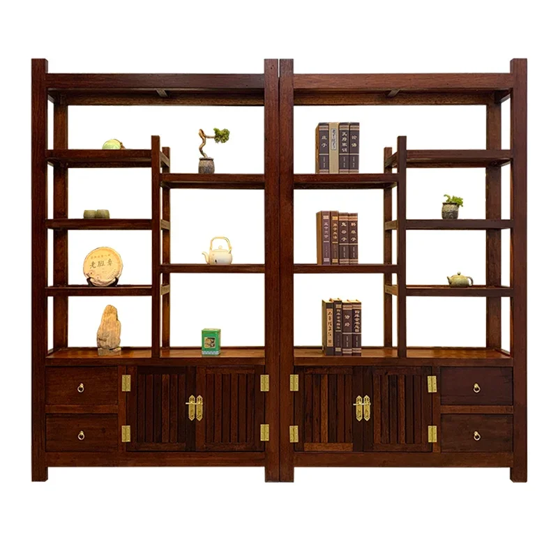 Old boat wood Bogu rack with lamp solid wood simple tea display cabinet antique shelf household living room partition bookshelf