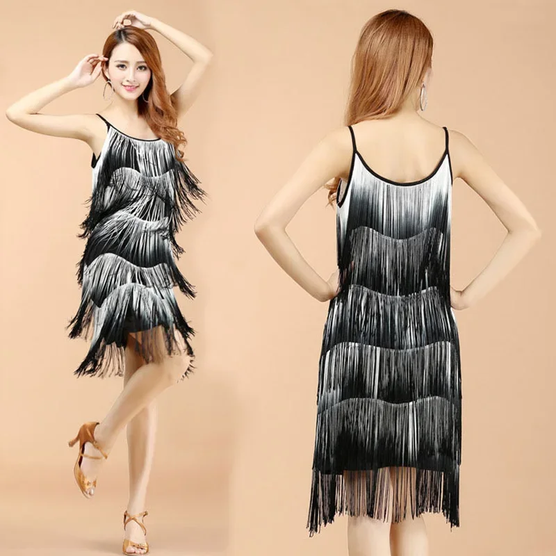 New Arrivals Sexy Latin Dance Costumes For Women Latin Dance Practice Performance Clothing Sling Tassels Color Contrast Dress