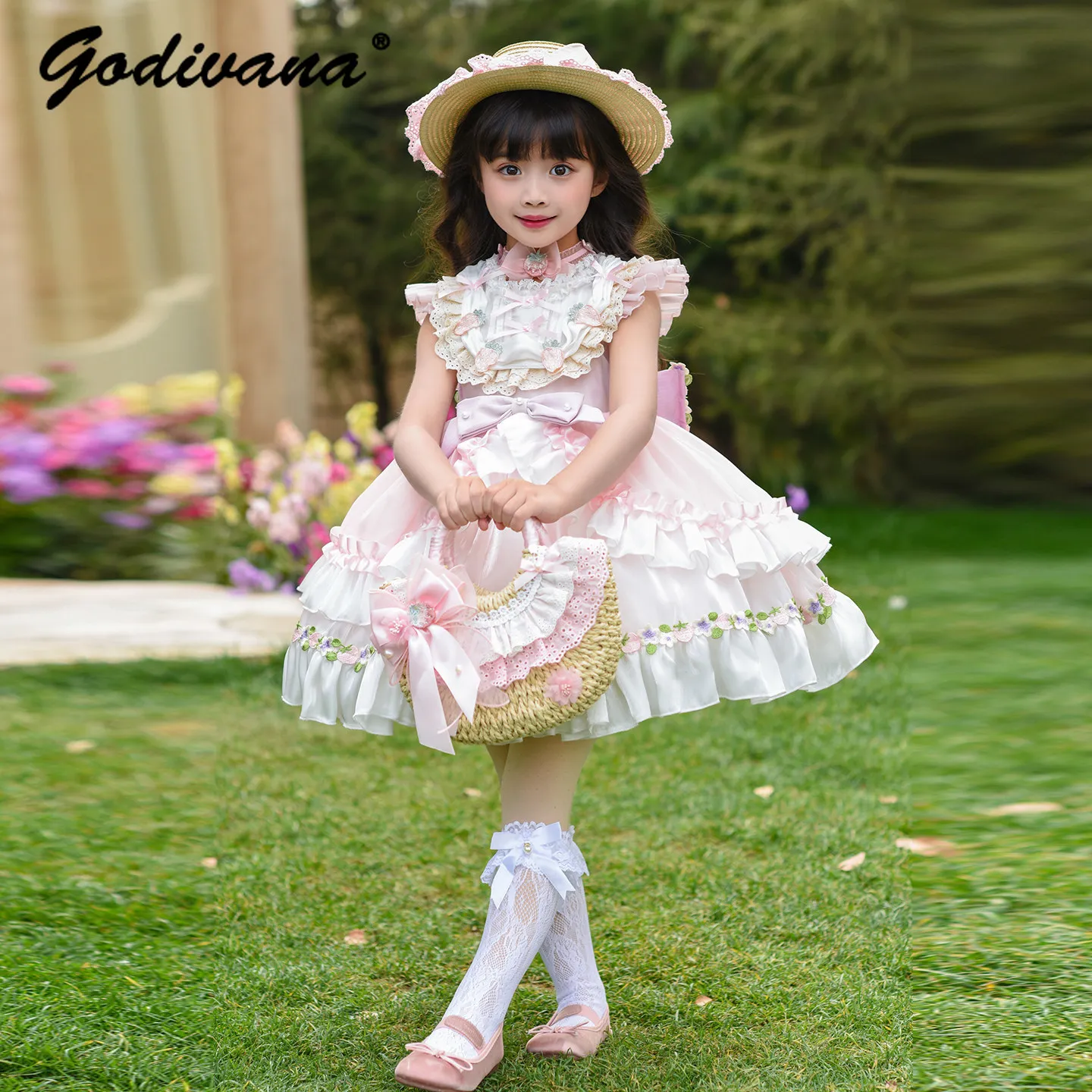 

Sweet Baby Girls Summer New Lolita Princess Dress Kids Feifei Sleeve Heavy Floral Embroidery Cute Bow Ruffle Trim Puffy Sundress