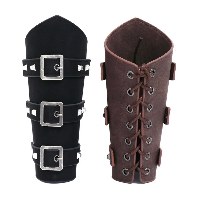 Unisex Pu Leather Gauntlet Wide Bracer Arm Armor Wristband Protector Cuff String Steampunk Bangle Buckle Bracers Cosplay Props