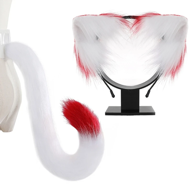 Anime-Cosplay Props Cat Ears and Tail Set Plush Furry Animal Ears Hairhoop with Foxes Tail Fancy-Dress Party Costumes HXBA