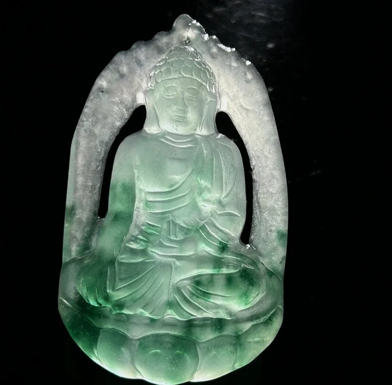 Certified Natural Ice Green Jade Jadeite Carved Buddha Pendant&Necklaces Amitabha