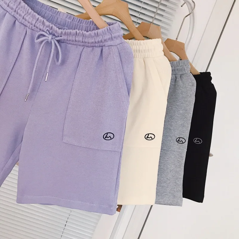 Pantalones cortos de calle para mujer, Shorts elásticos de cintura alta con bordado de pierna ancha, estilo Harajuku coreano para Fitness y verano