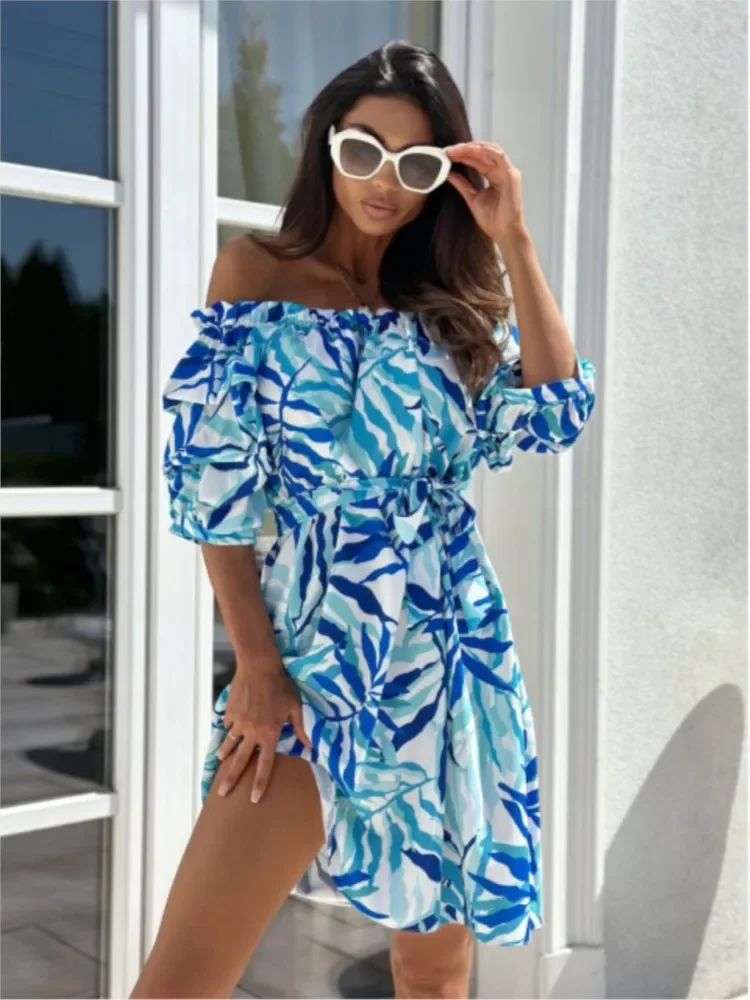 

Sexy Off Shoulder Vacation Dress Women Summer New Slash Neck Short Sleeve High Waist Lace-up Print Dresses Beach Party Elegant