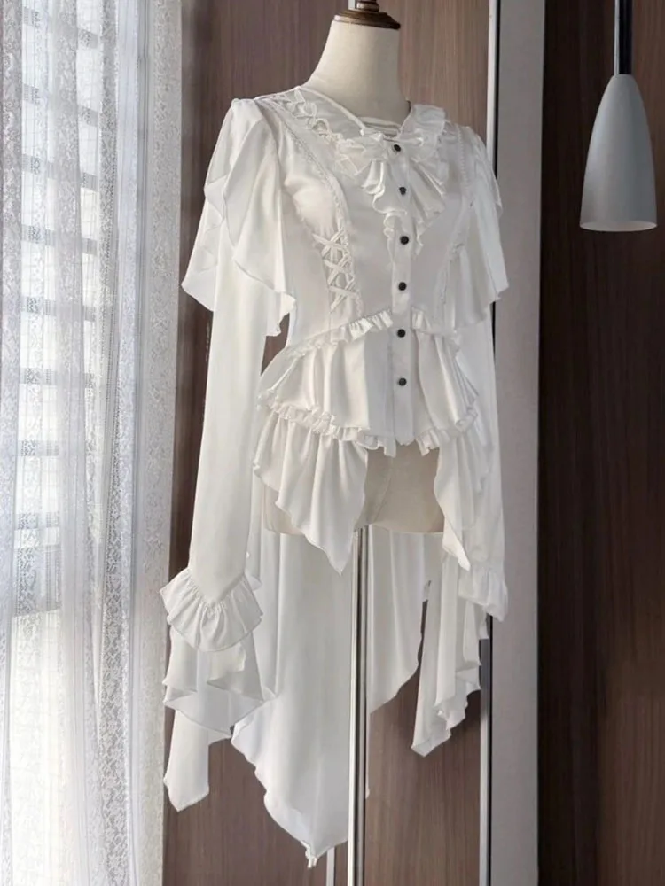 

Японская винтажная женская блузка в стиле Лолита, асимметричная, Y2K, однотонная, с рюшами, в стиле Харадзюку, с расклешенными рукавами-бандажами, приталенная рубашка