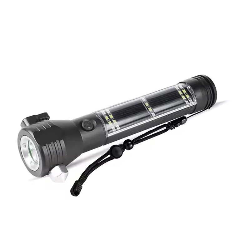 USB Charging Solar LED Flashlight Safety Hammer Emergency Light for Camping Fishing