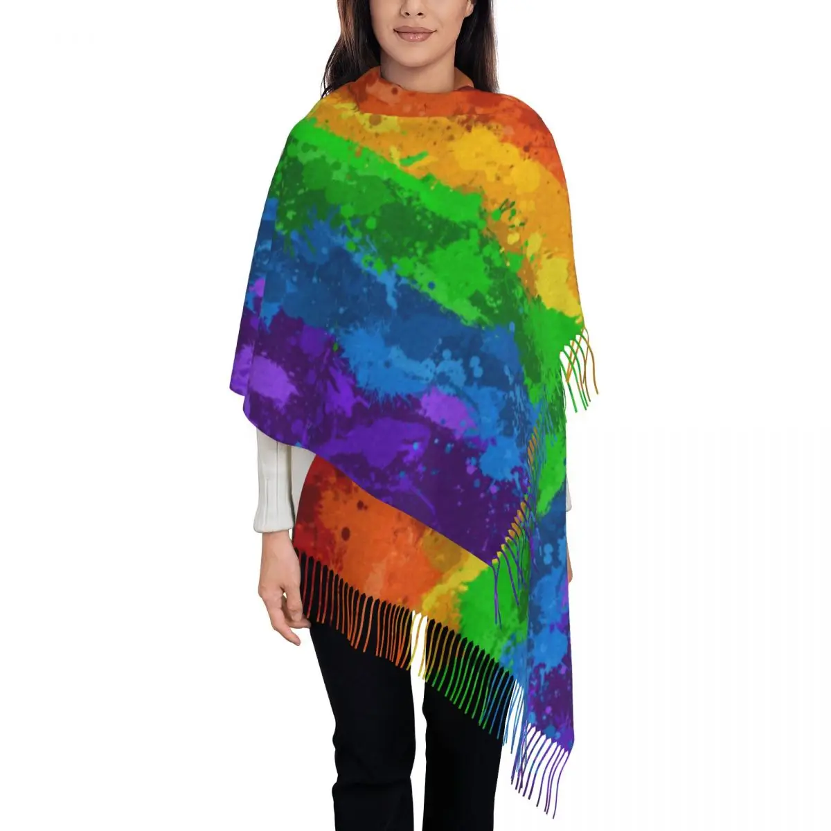 Lady Large LGBT Rainbow Paint Splatter Flag Scarves Women Winter Thick Warm Tassel Shawl Wrap GLBT Gay Lesbian Pride Scarf