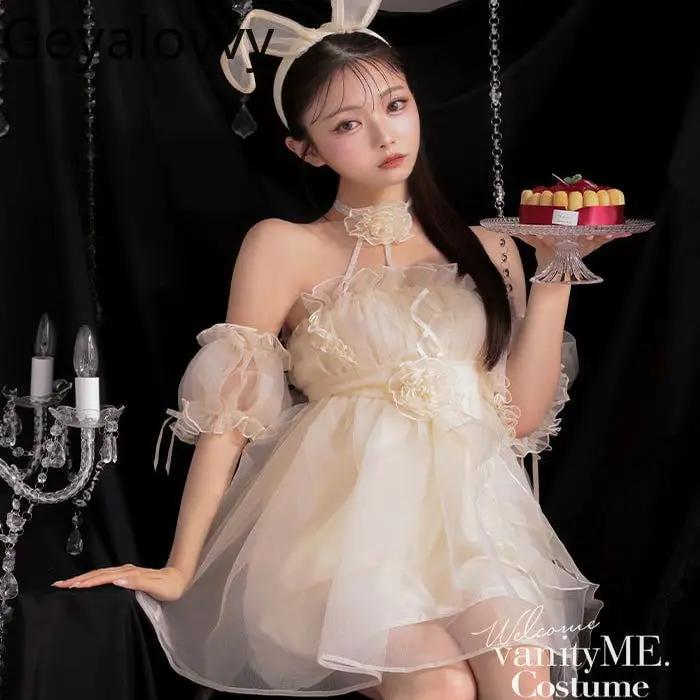 

Summer New Sweet Cute Girls Versatile Solid Color Mesh Puffy Short Dress High Waist Slim Ruffled Off-Shoulder Tube Top Dress