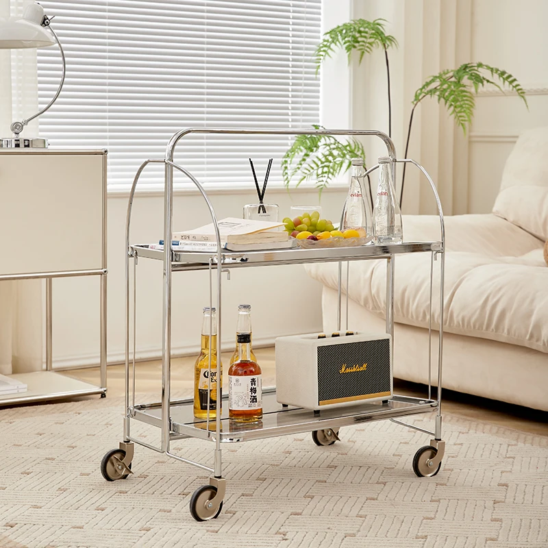 

Medieval tempered glass trolley folding mobile side table living room ins transparent coffee table stainless steel storage