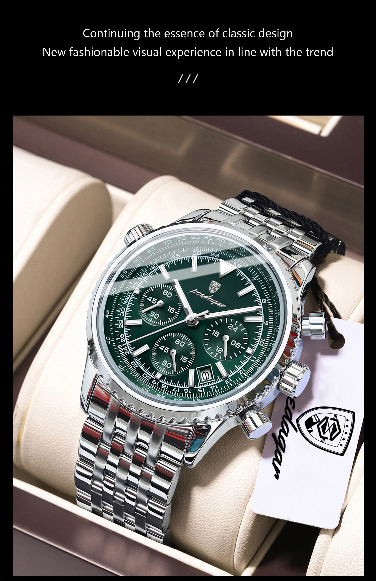 POEDAGAR Luxusuhren für Herren, Datum, Chronograph, Edelstahl, Sport-Herrenuhr, wasserdicht, leuchtender Quarz, Militär-Herrenuhr – Detail 15