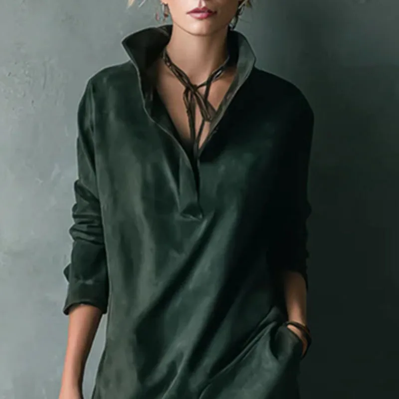 خمر الصلبة الجلد المدبوغ الملابس النسائية الخريف موضة بدوره إلى أسفل طوق زر البلوز فستان الشتاء طويلة الأكمام فساتين الحفلات امرأة