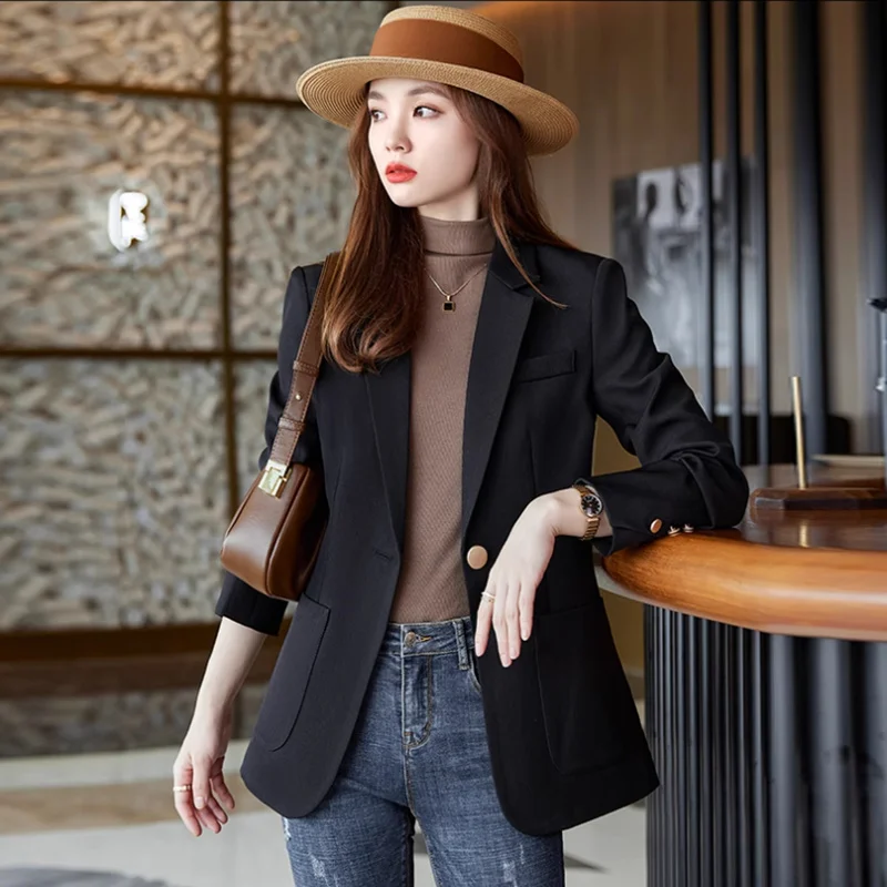 Vrouwen Lange Mouwen Leisure Blazer Jas Nieuwe Lente Herfst Professionele Blazer Vrouwelijke Top Mode Slanke Zak Knop Jasje