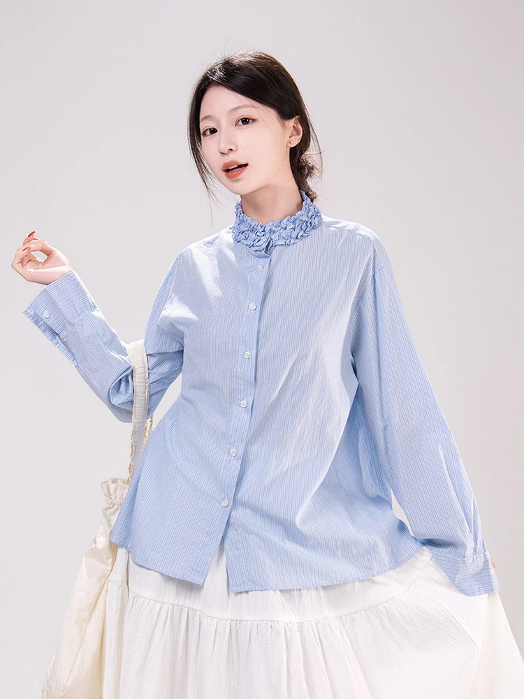 

Женская свободная рубашка в лесном стиле с длинным рукавом, с цветочным кружевным воротником, синими полосками, весенняя, антивозрастная, из хлопка, в нежном стиле