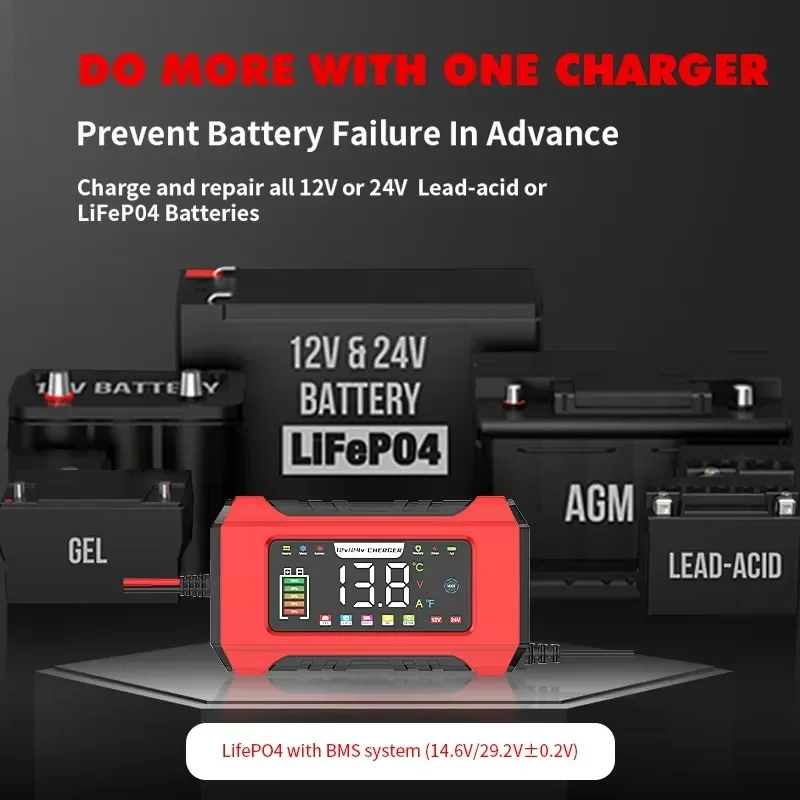 12V 15A 24V 8A Car Motorcycle Battery Charger Automatic Pulse Repair LCD Display For AGM Deep cycle Lead-Acid LiFePO4 Charge