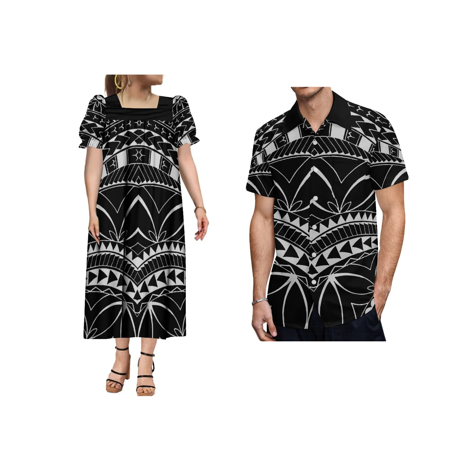 Hawaii Women's Long Dress Fabric Comfort MUMU Polynesian Fijian Men's Shirt Tribal Couples Costum Print Customization