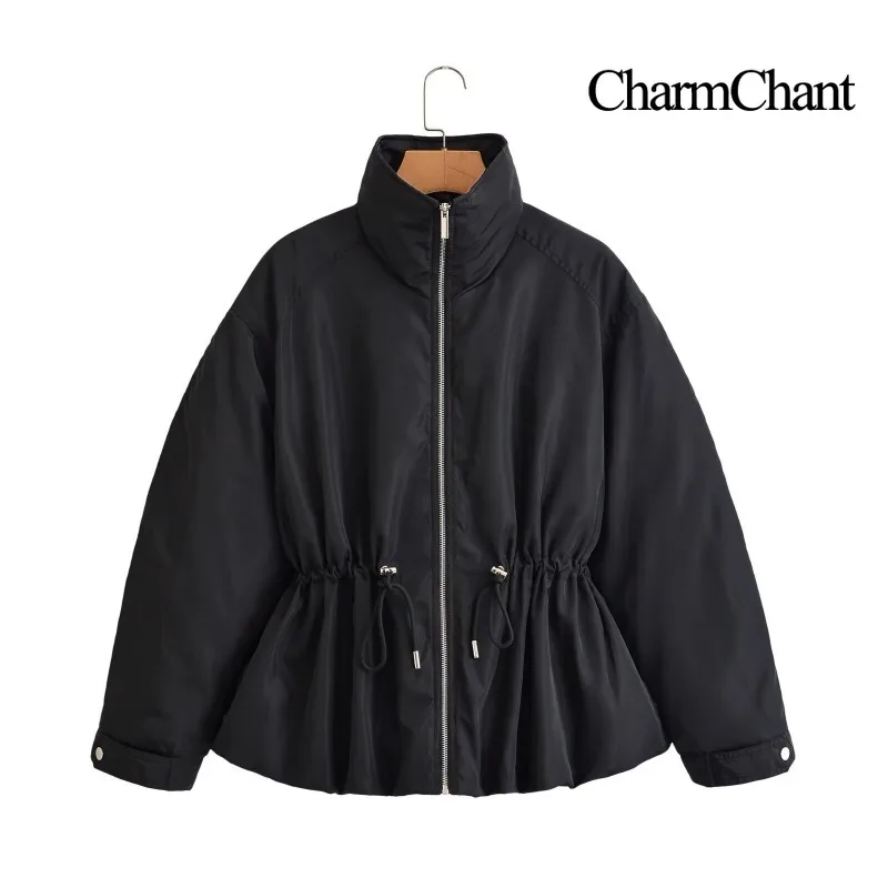 CHARMCHANT Women's High Collar Zip Up Padded Jacket Drawstring Waist Peplum Hem Oversized Casual Coat Autumn Winter 2026