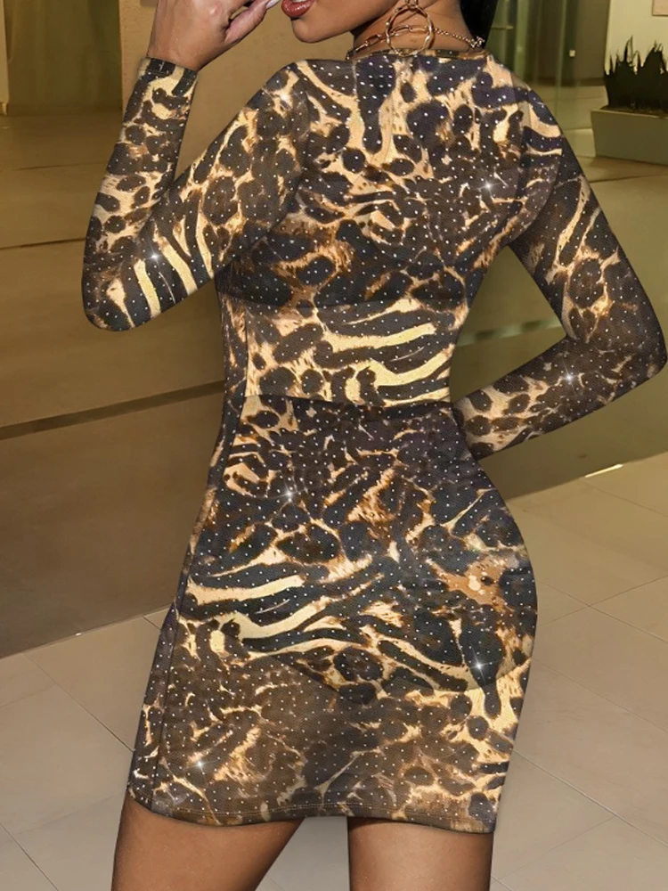 ラインストーン レオパード柄 ディープVネック 長袖 ボディコンドレス シースルー メッシュ ミニドレス