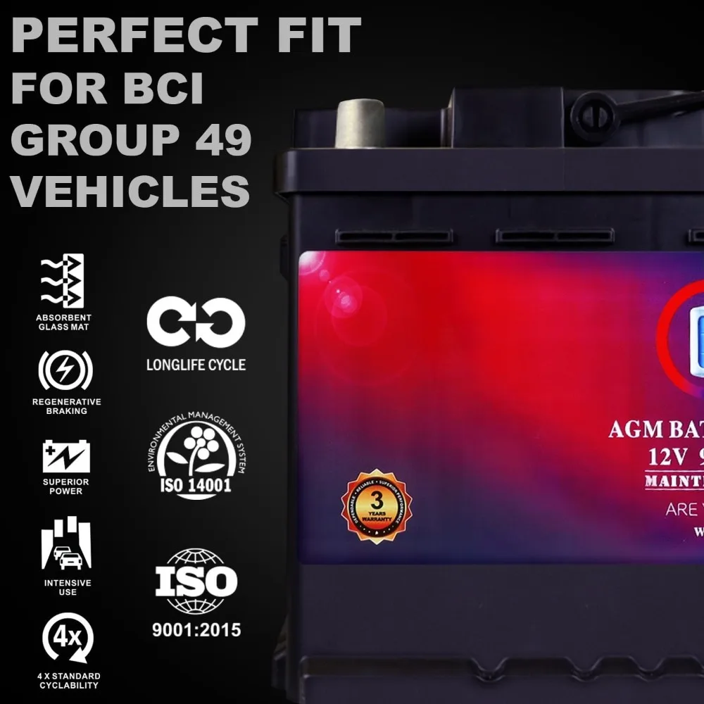 MM-H8 بطارية سيارة بدء وإيقاف BCI Group 49 12V 95Ah، 160RC، 900 CCA قابلة لإعادة الشحن AGM