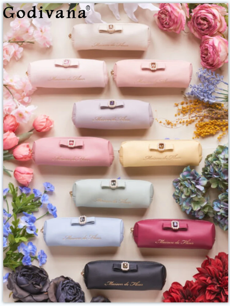 Japanese Sweet Cute New Women's Handbag Fashion All-Match Round Pearl Diamonds Ribbon Pencil Case Handbag Cosmetic Brush Bags