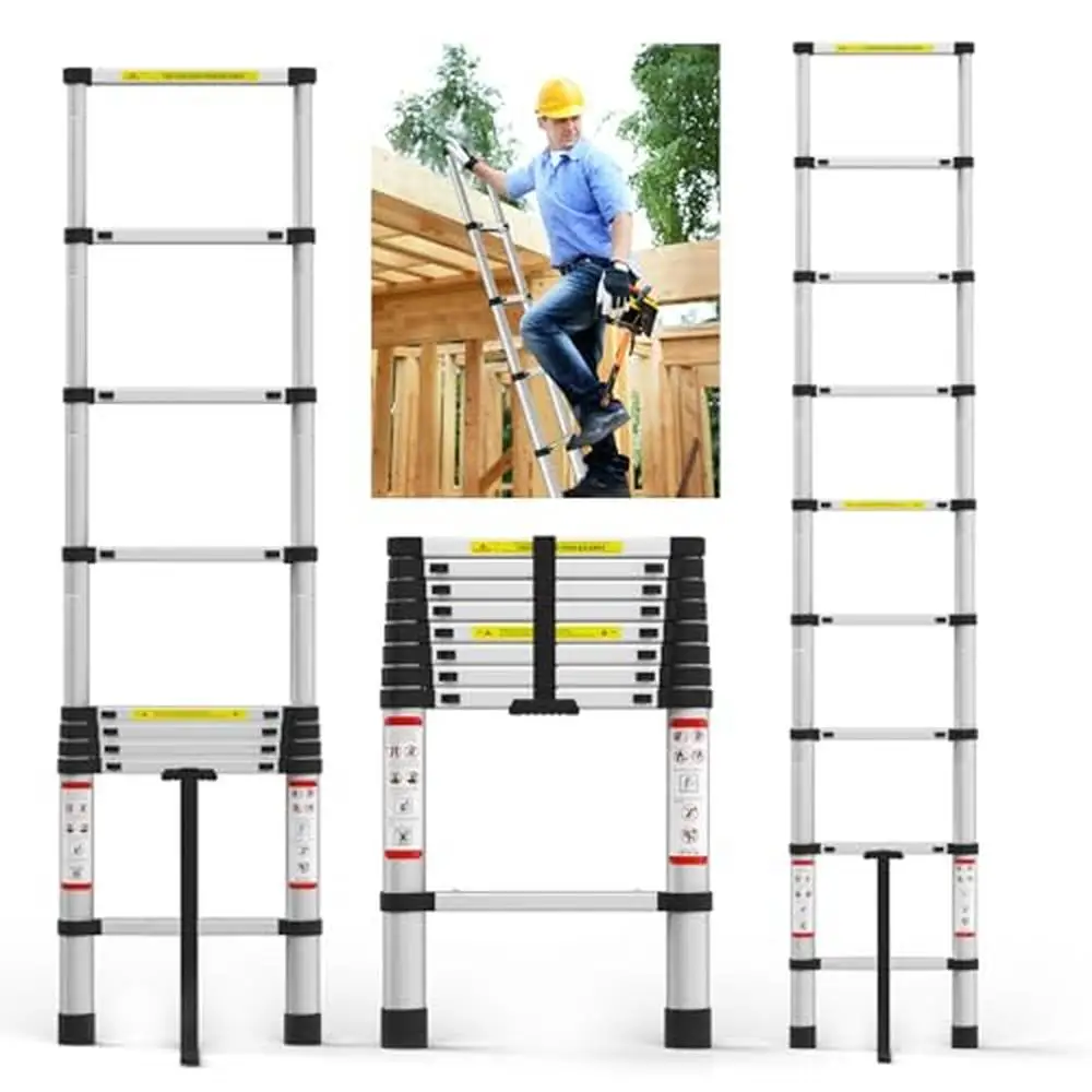 

8.5FT Telescoping Aluminum Extension Ladder Non-Slip Feet Safety Latches 330lbs Capacity Multi-Purpose Portable Foldable Attic