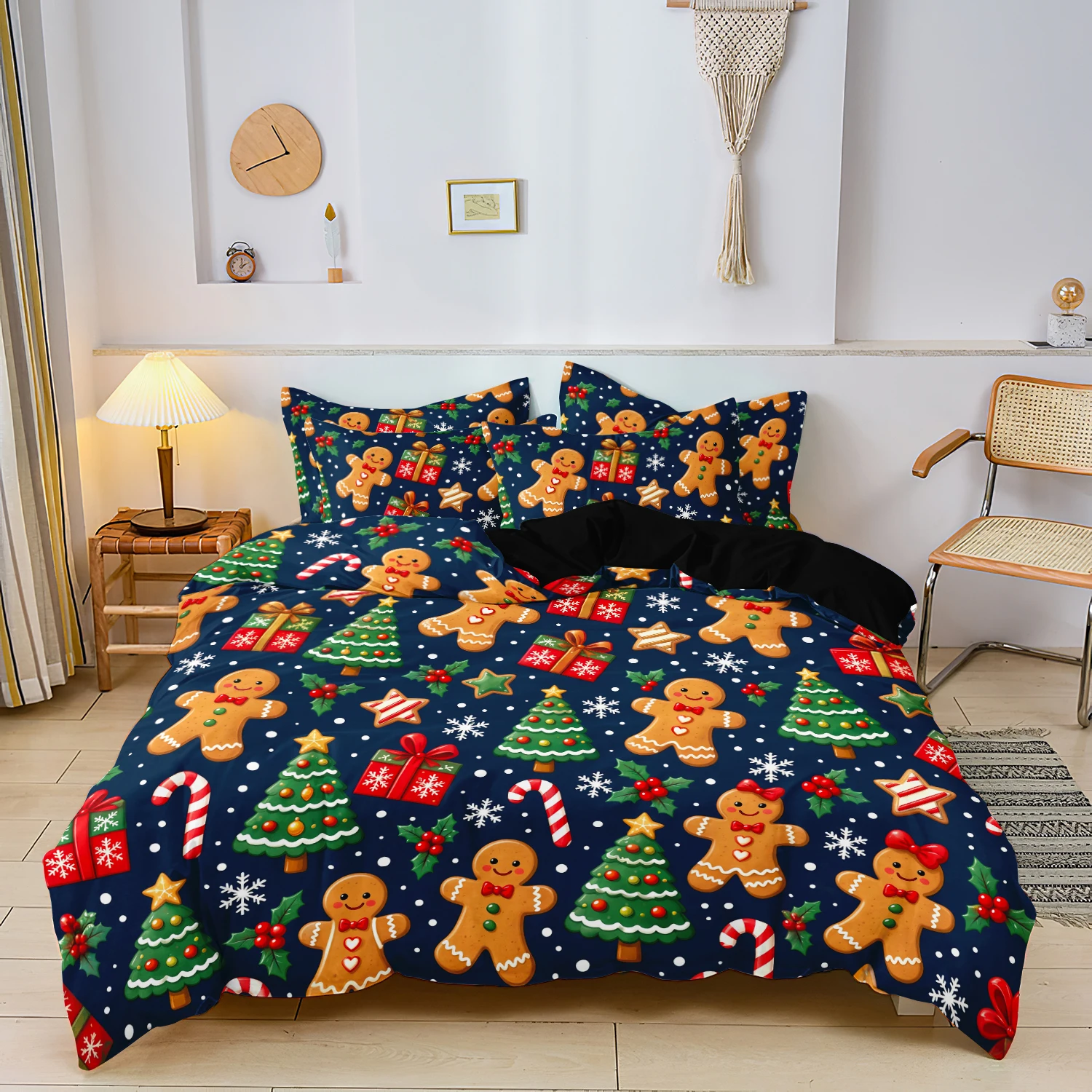 3Pcs Christmas Gingerbread Man Duvet Cover Set, Cookies Xmas Trees Gifts Candy Canes Snowflakes Fun Festive Winter Bedding