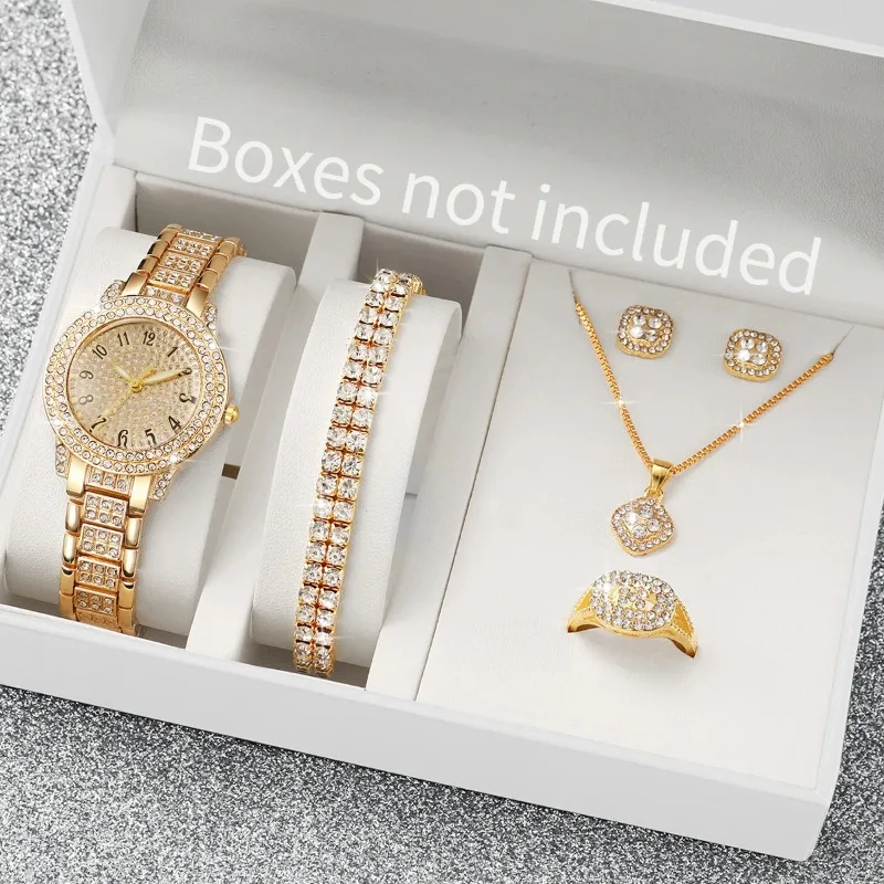 

6PCS/SET Nice Fashion Full Diamond Women's Watch Gold Steel Band Analog Quartz Watches Jewelry Set（Without Box）