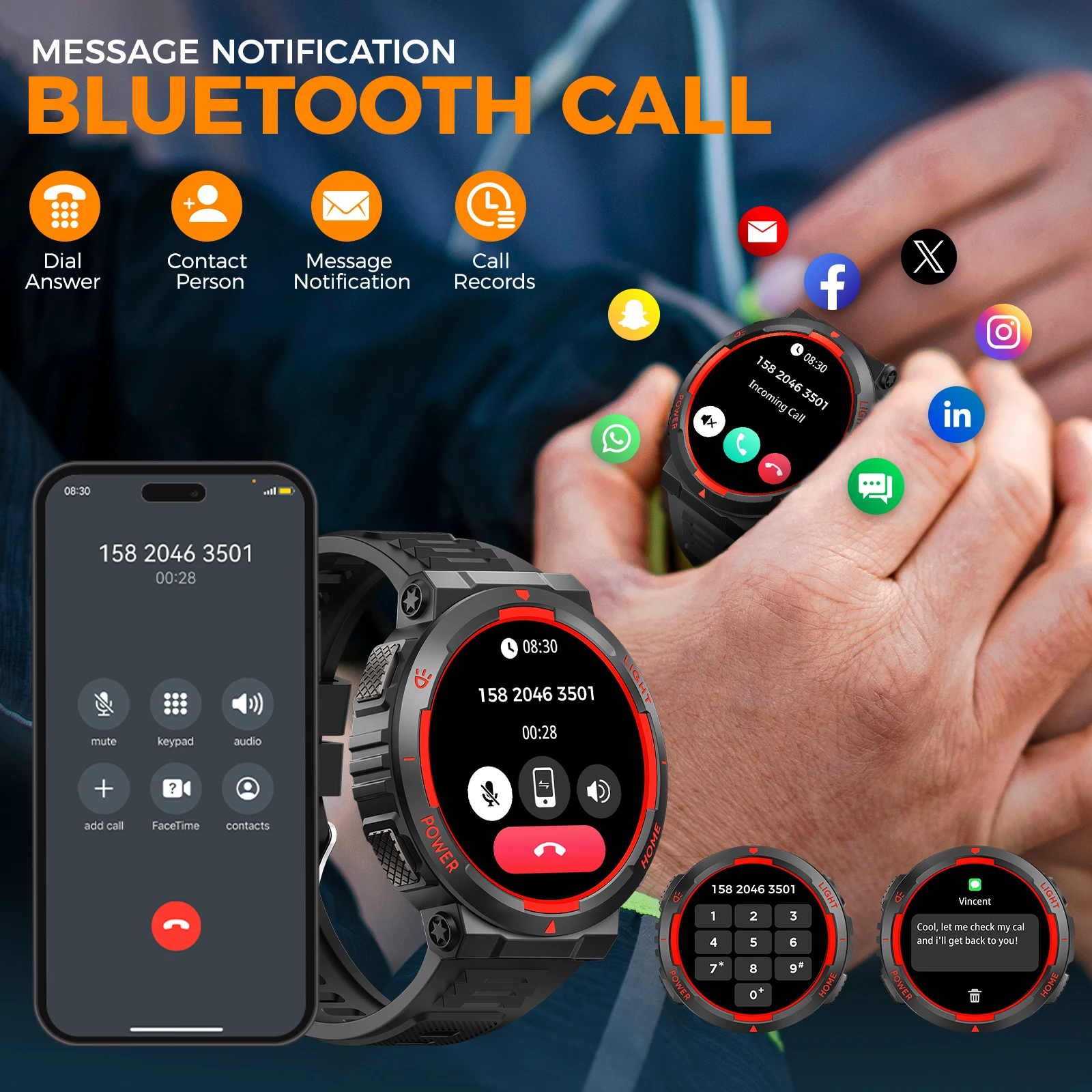 JELLOO 2025 ساعة ذكية للرجال مع مصباح ليد جيب 400 مللي أمبير بطارية كبيرة في الهواء الطلق التكتيكية ساعة ذكية معدل ضربات القلب النوم مراقب