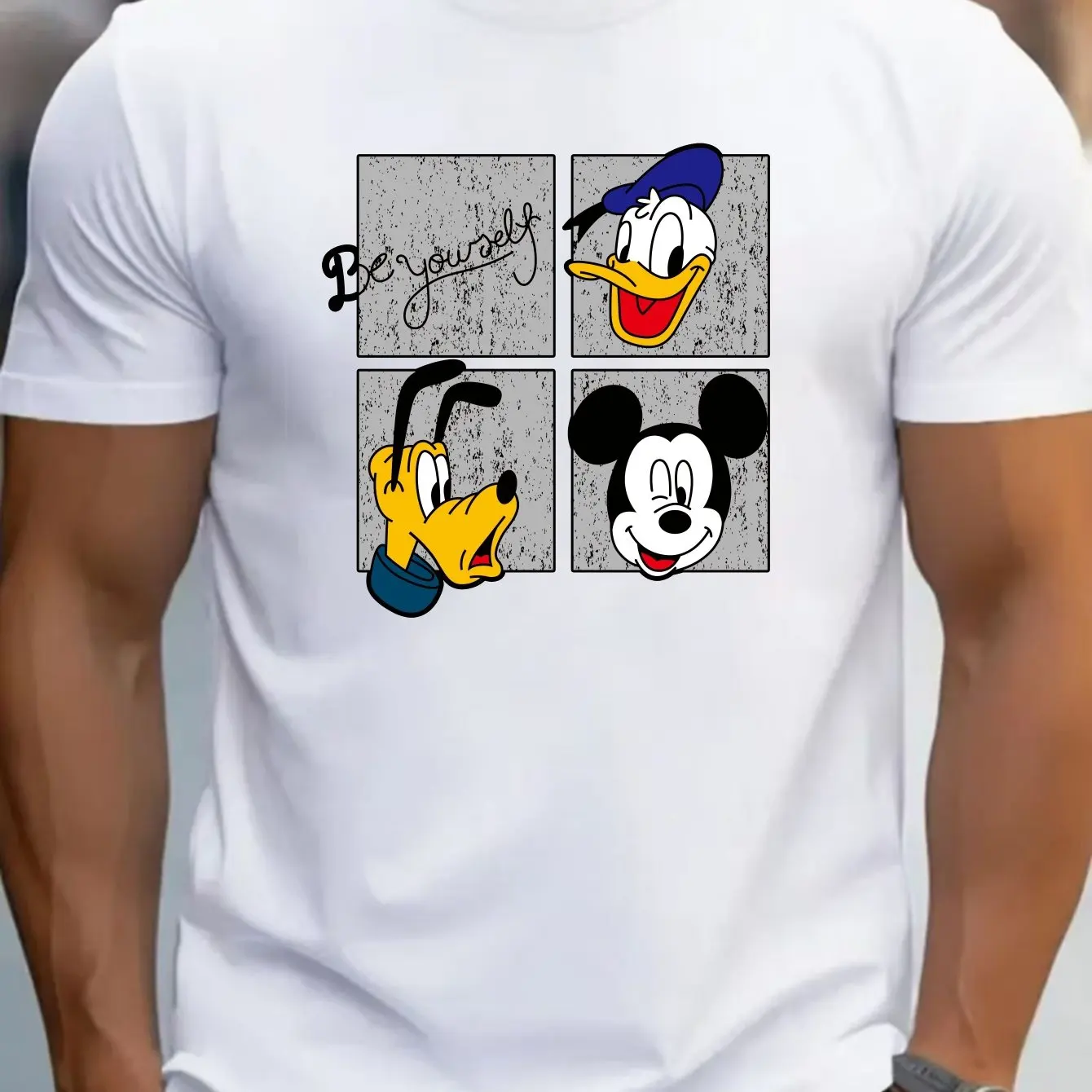 Disney T-Shirts Disney Men's Casual Mickey Donald Goofy Be Yourself Cartoon Print Regular Short Sleeve Slight Stretch Crew Neck