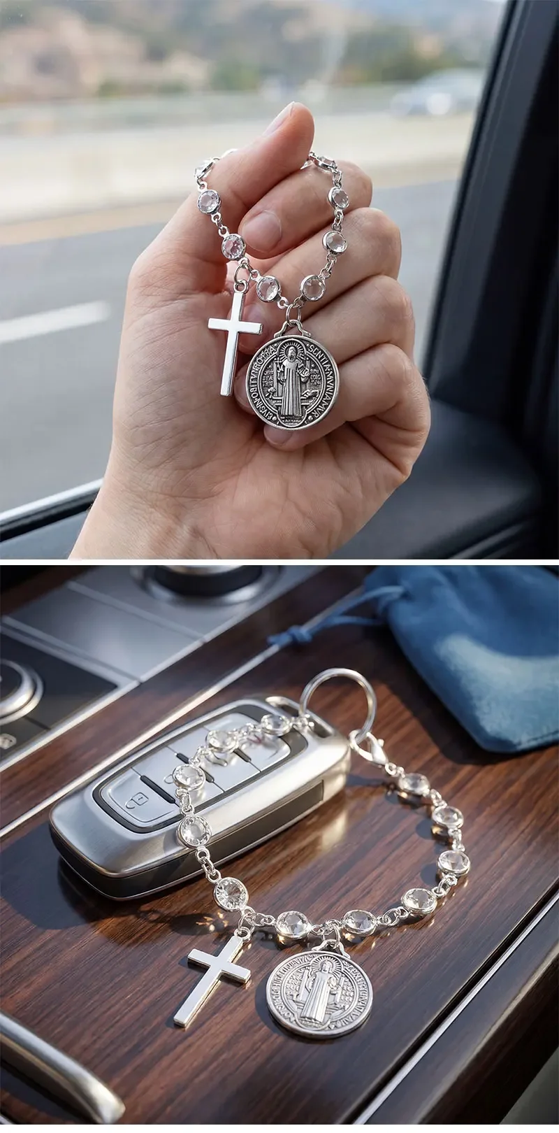 Katholisches Schutzrosenkranz-Autozubehör, St. Benedikt-Medaillon & Kreuzanhänger für die Auto-Innenausstattung, religiöser Schutzanhänger – Detail 3