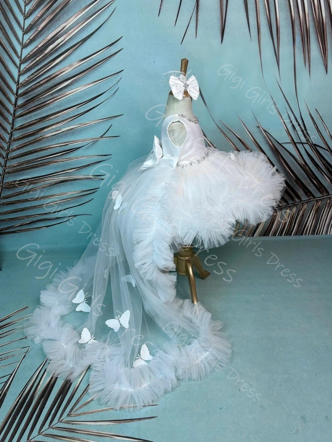 فستان فتاة الزهور من التول الأبيض مع ذيل فراشة ثلاثي الأبعاد فستان عيد ميلاد مطرز بالكريستال مخصص للأطفال فستان حفلة الأميرة