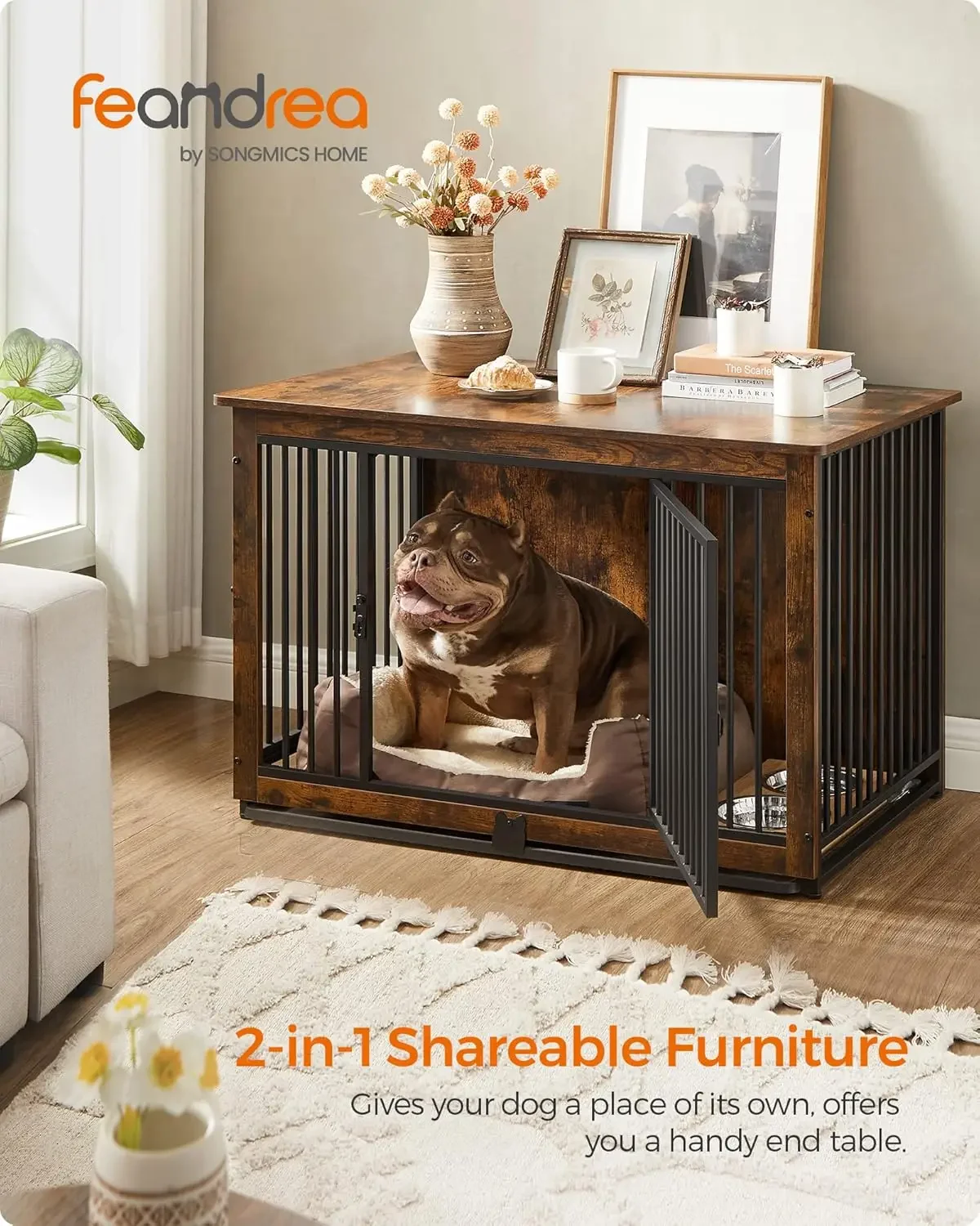 Dog Crate Furniture, 38 Inches Dog Kennel for Dogs up to 70 lb, with Removable Tray, Heavy-Duty Dog Cage End Table, Double