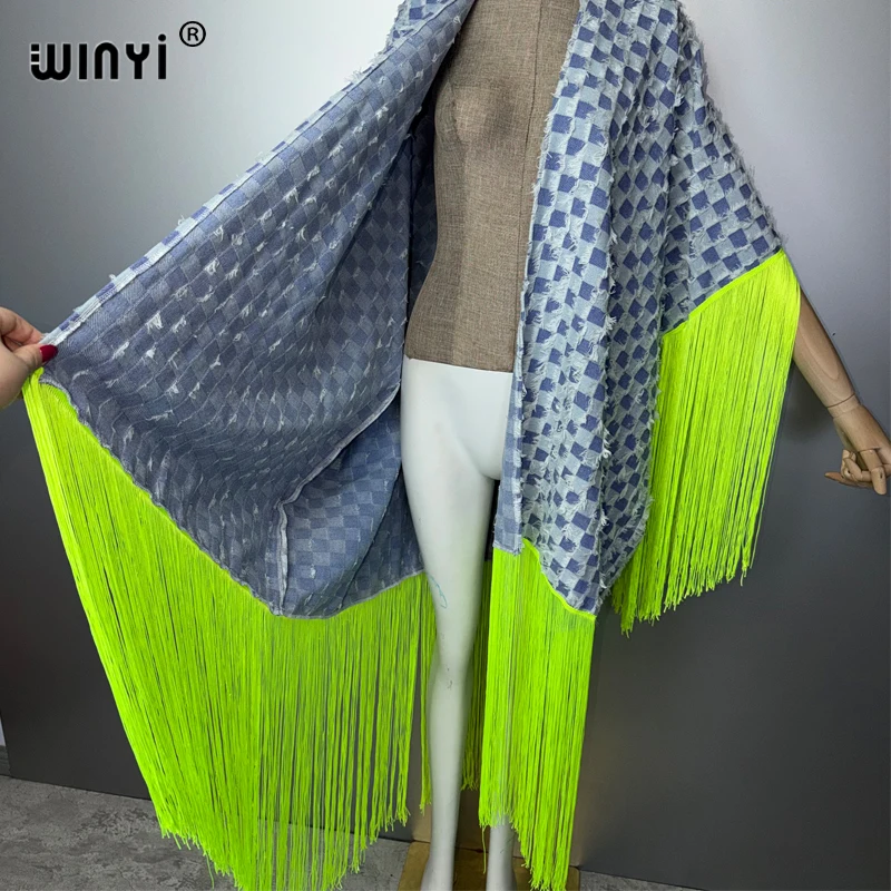 WINYI Denim tassel coat beach cover-up summer outfits for women Elegant fashion Cardigan sexy Holiday print maxi dress