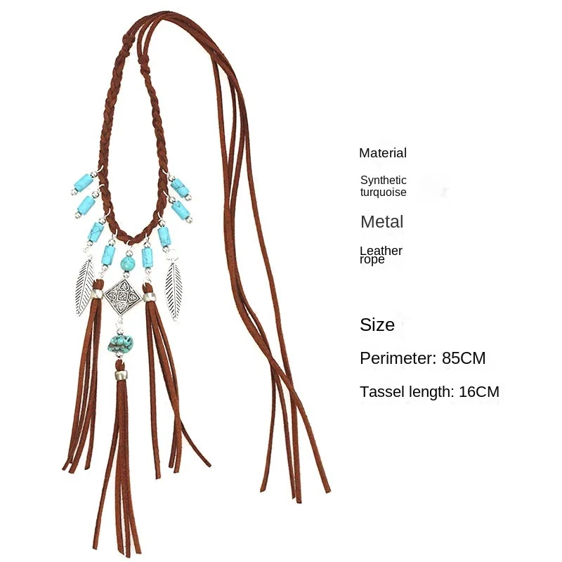 Headdress Women's Leather Rope Metal Custom Ethnic Style Arm Necklace Tassel Synthetic Turquoise Ornament Holiday Decorations1Pc