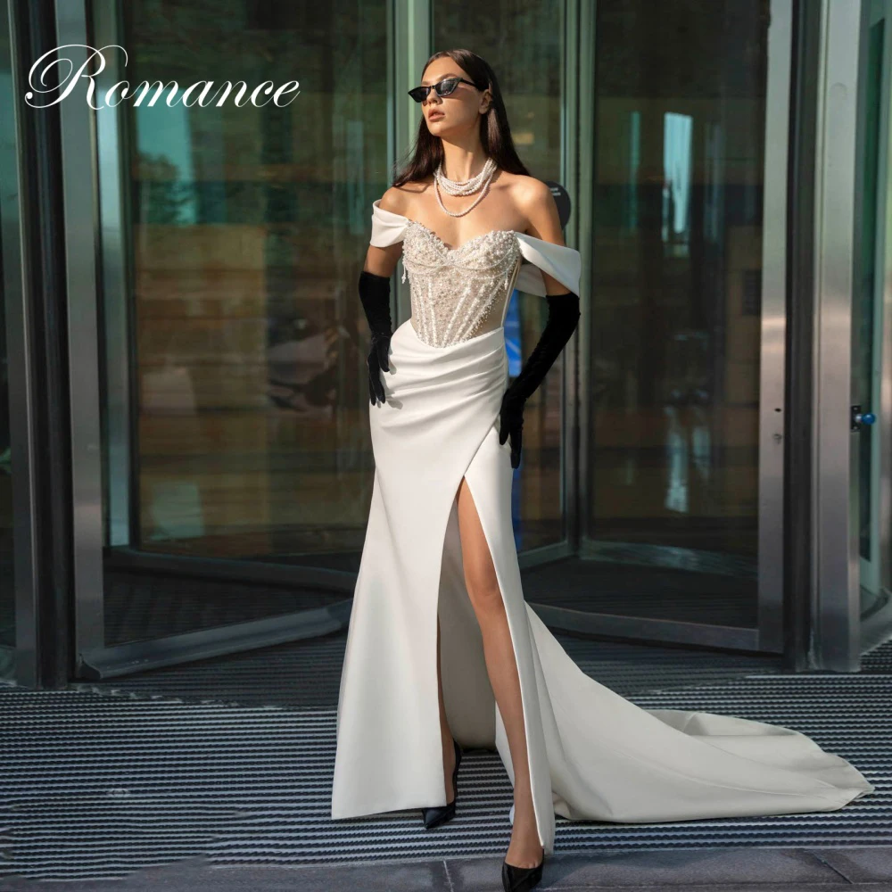 

Сексуальное свадебное платье русалки со складками и бисером, с высоким боковым разрезом, с v-образным вырезом и жемчугом, с открытыми плечами и открытой спиной, Vestidos De Novia по индивидуальному заказу