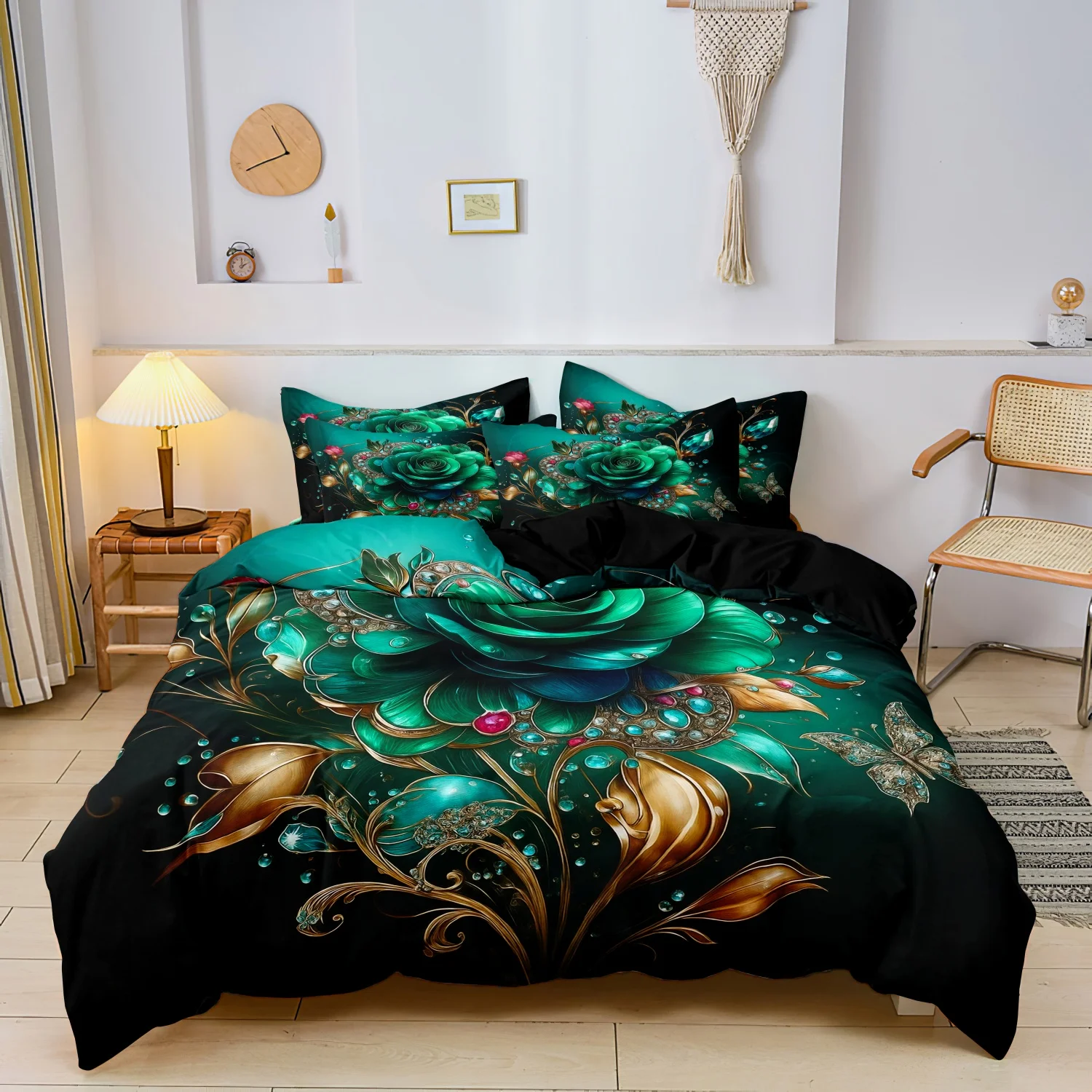3 Pieces Gorgeous Dark Green Gemstone Rose Butterfly Duvet Cover Set, Black Golden Vine Crystal Floral Pattern Bedding