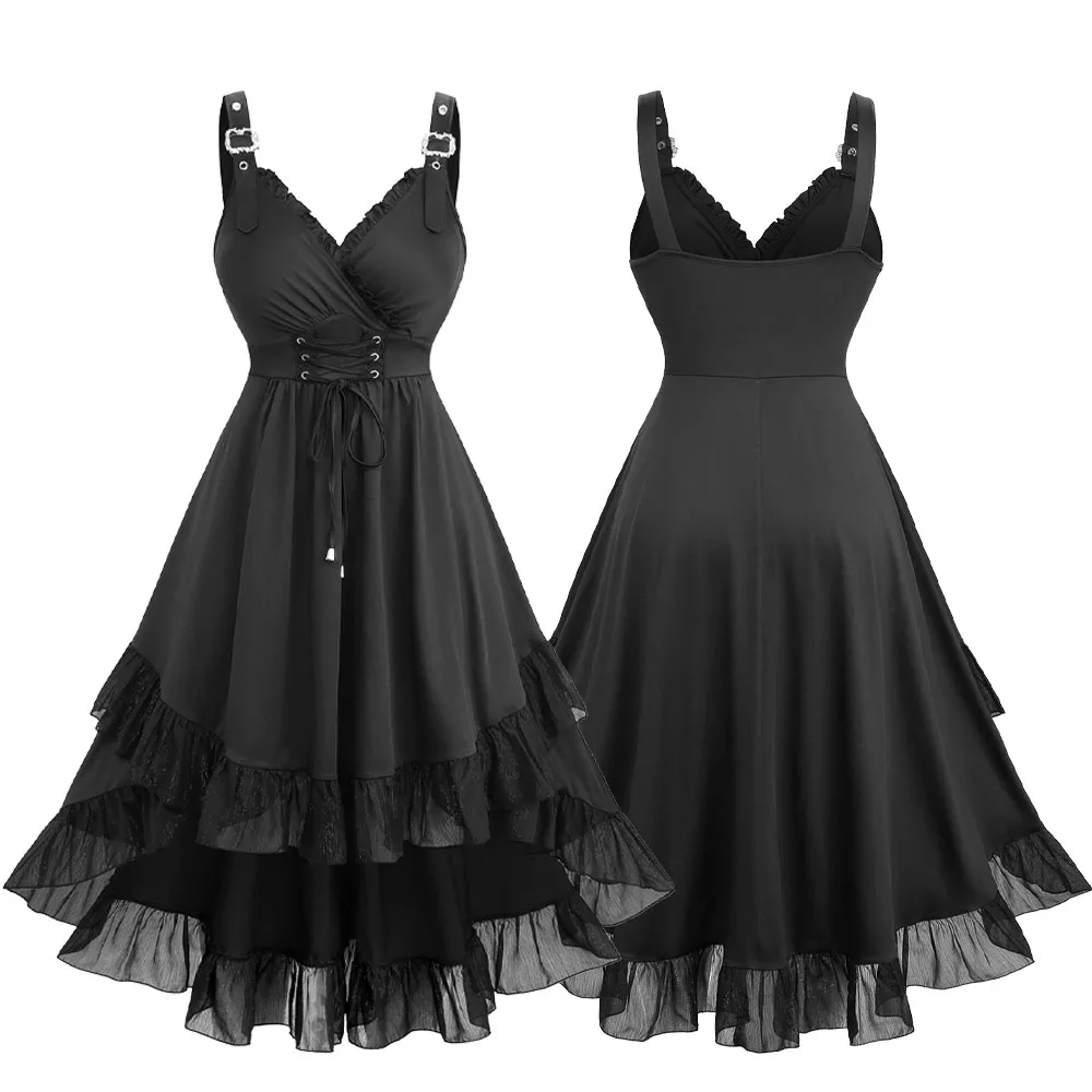 

ROSEGAL Винтажные платья больших размеров с высоким и низким вырезом на бретелях, повседневное платье макси с пряжкой и оборками на шнуровке, черное платье