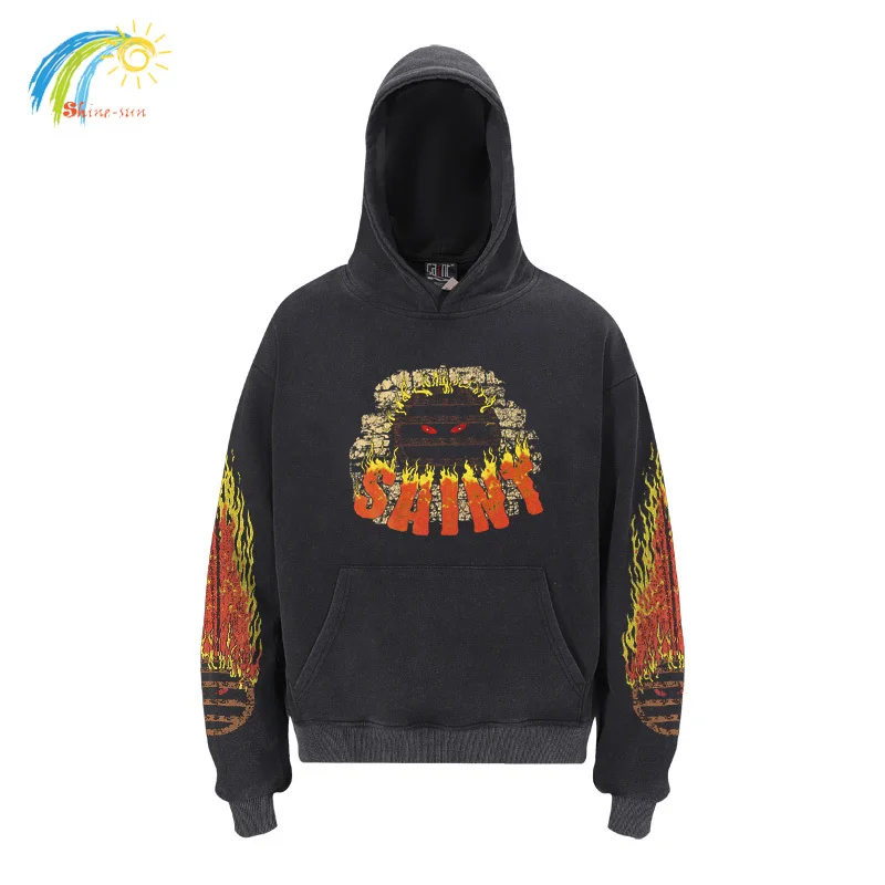 

High Street Flame Pattern Printing Saint Hoodie Top Quality Cotton Hooded Vintage Washed Black Loose Pullovers For Men Women