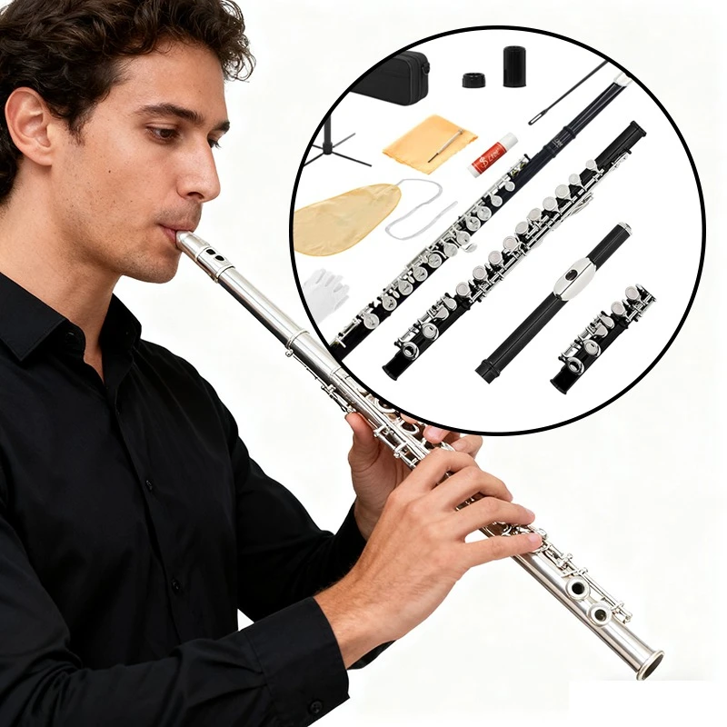 

16 Keys Flute C Tone Cupronickel Flute with E Key Nickel Plated Closed Cell Flutes Professional Beginner Adults Wind Instruments