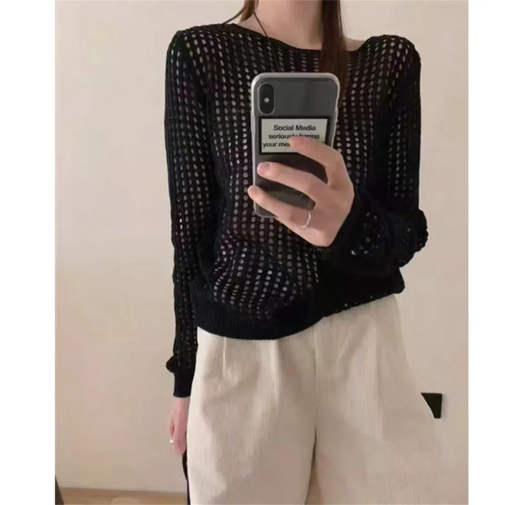Long Sleeve Crochet Knit Top Summer Beach Pullover Cover Up Hollow-out Sweater Pullover Knitwear Blouse Women Vacation Outwear