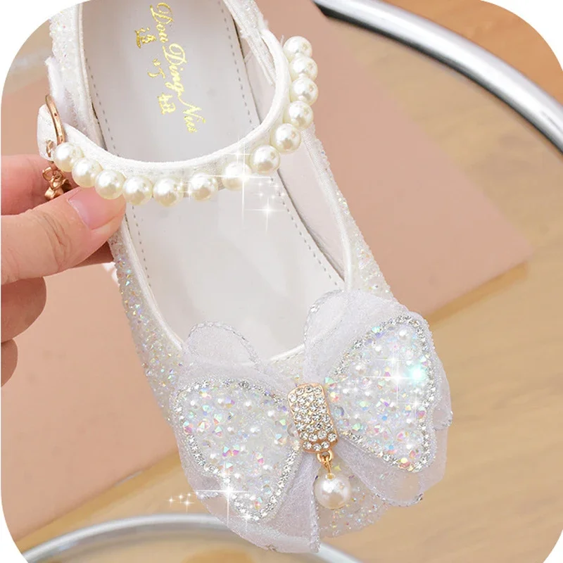 Glitter Girls' Dress Shoe with Wedding Ceremony Party White Sequin Shoes Heeled Children Bow High Heels Girls Shoes Princess New