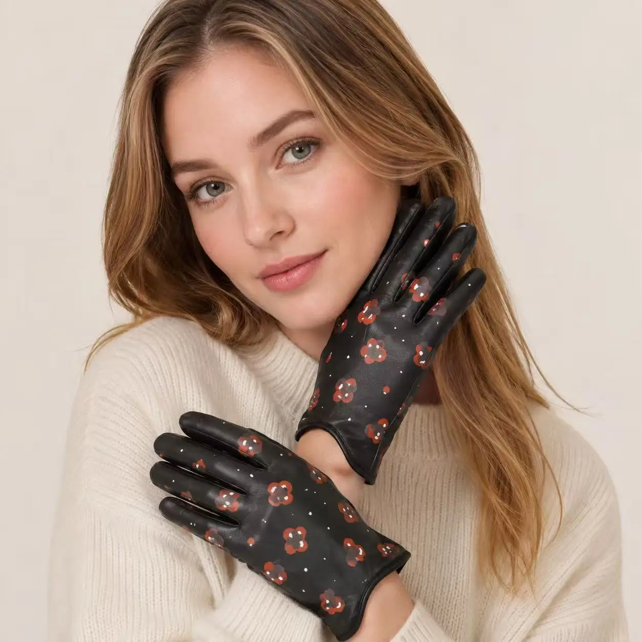 Womens Short PU Printed Motorcycle Gloves, Fashion Biker Gloves For Punk Outfit Matching And Outdoor Music Festival Styling