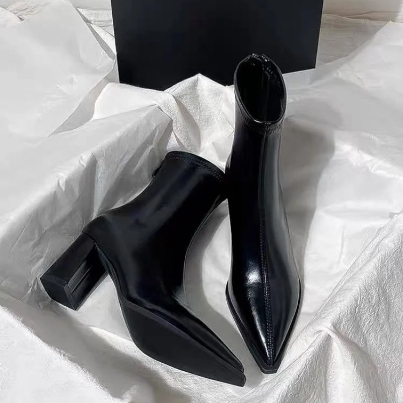 

Pointed Toe Boots for Women New Style Autumn and Winter Women's Boots High Heels Short Slim Chunky Heel Boots