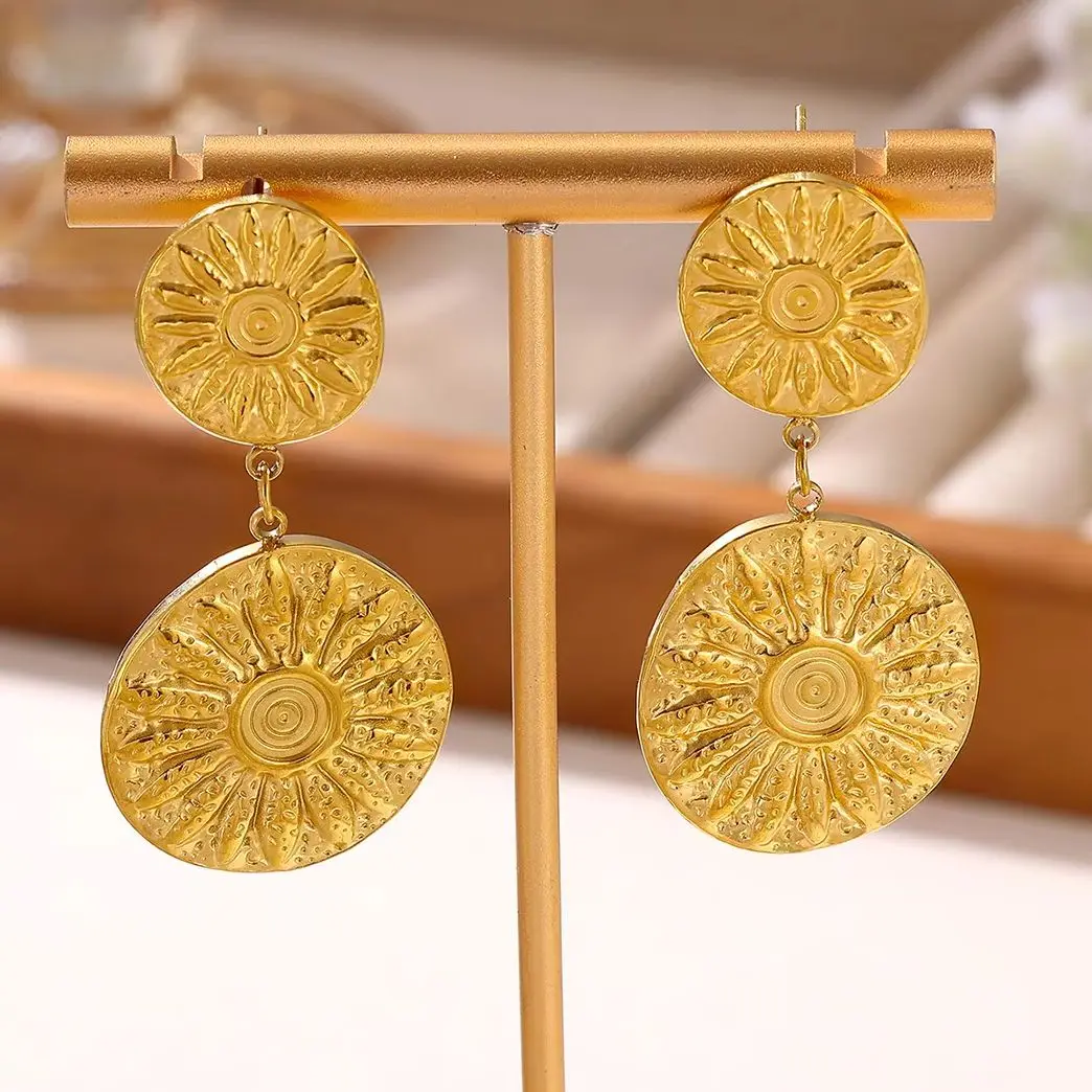 Retro runde Vortex-Tropfenohrringe für Damen, Edelstahl, goldfarben, Sonnenblumen-Ohrringe, böhmischer Schmuck, Geschenk