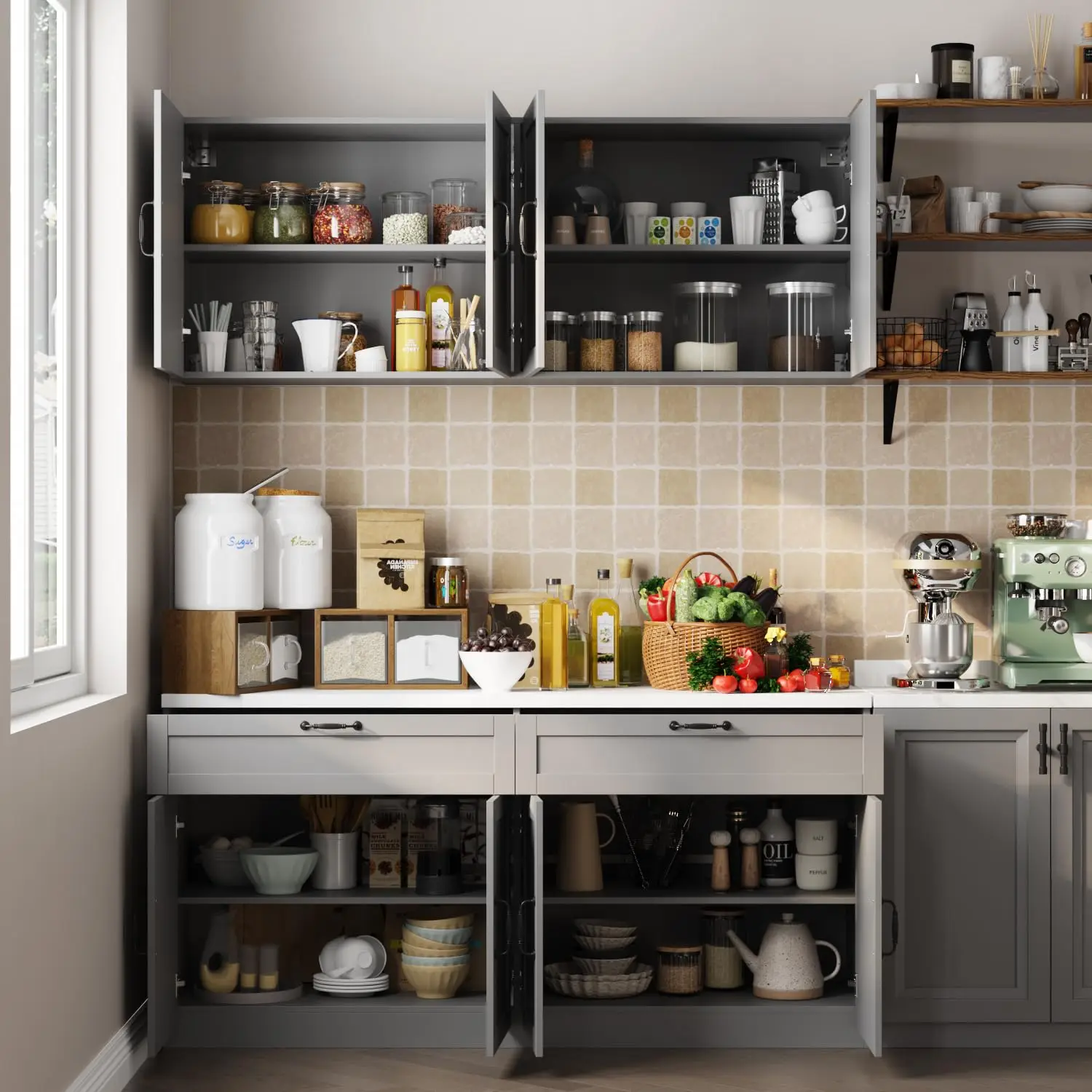 Kitchen Pantry Cabinet Wall Sideboard Freestanding Storage Shelves 8 Doors 2 Drawers Cupboard Grey 63