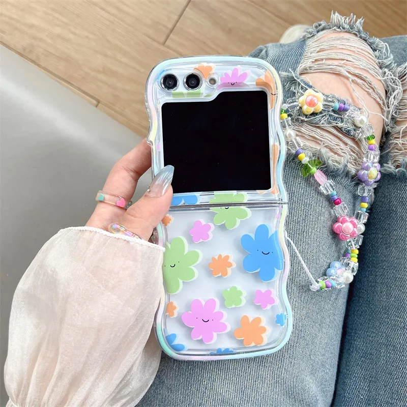 Samsung Galaxy Z Flip 7 6 5 4用 マルチカラーフラワー फोनケース、ZFlip5 ZFlip6 ZFlip7用保護バックカバー ケース シェル