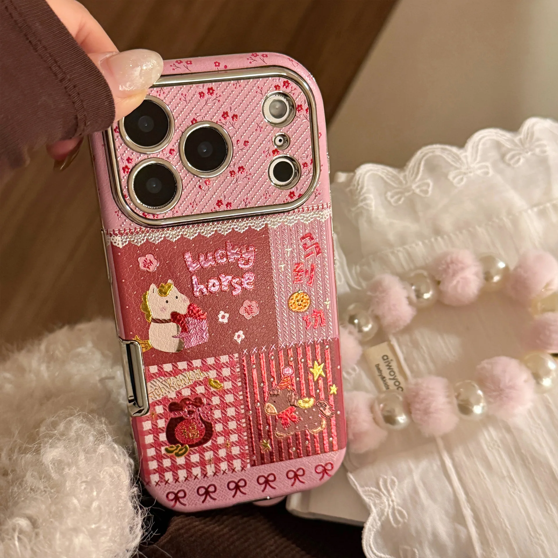 Korean Cartoon Horse Splicing Leather Texture Phone Case For iPhone 17 16 15 14 13 12 11 Pro Max With Bracelet Shockproof Cover view 6