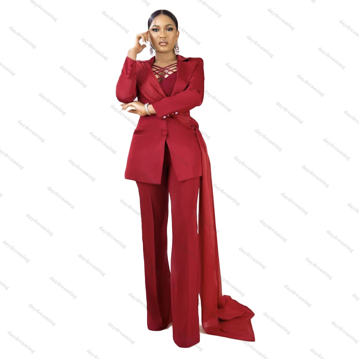 Red Mother of Bride Dresses Single Breasted African Jacket With Train Casual Women Blazer 2 Piece Set