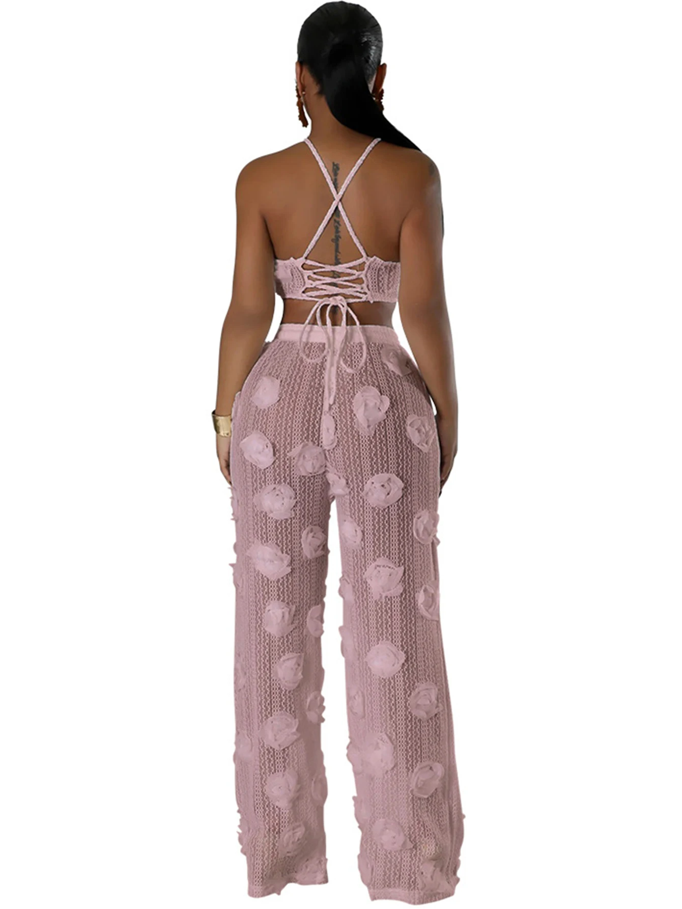 Sexy see through lace up vacation jumpsuits women summer body party club outfits streetwear womens jumpsuit Wide leg pants sets