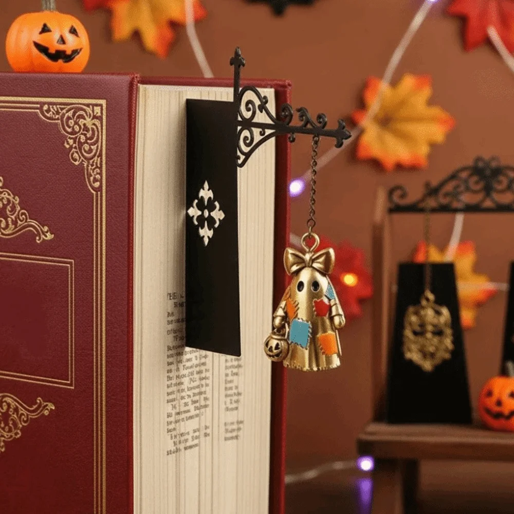 Segnalibro da appendere in metallo a forma di fantasma e zucca patchwork, distanziatore per scaffali durevole e rimovibile per sala lettura