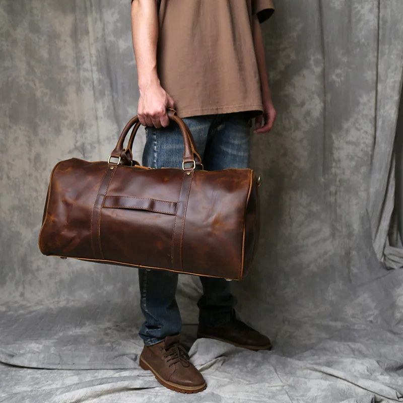 Retro Crazy Horse Leather Suitcase Travel Bag Leather Large Capacity Luggage Bag Business Travel Bag Thick Shoulder Bag